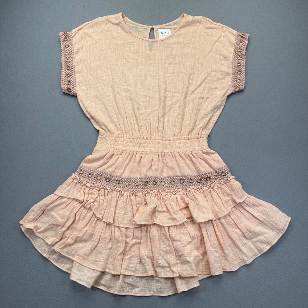 MISA Los Angeles Peach Cotton Rayon Ruffle Mini Dress Grommet‎ Crochet Small